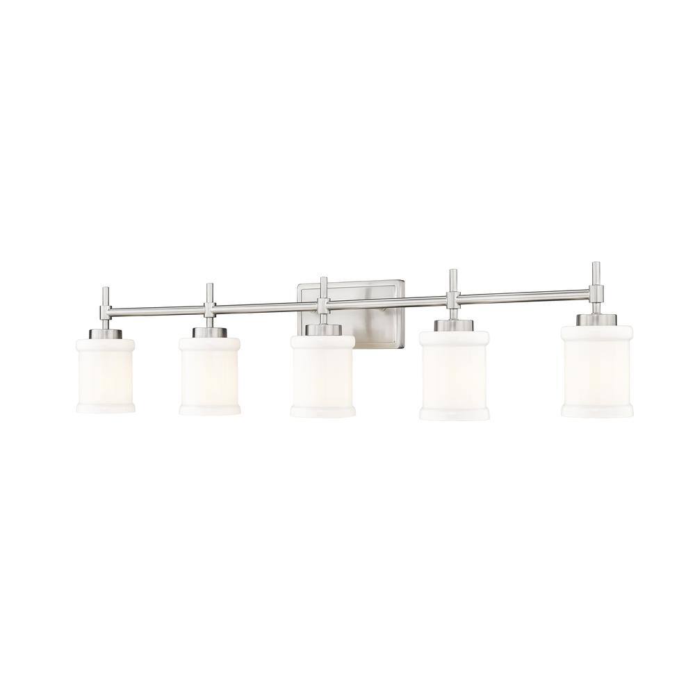 Cadoc 40.5 in. 5-Light Brushed Nickel Vanity-Light with Gloss Opal Glass Sh