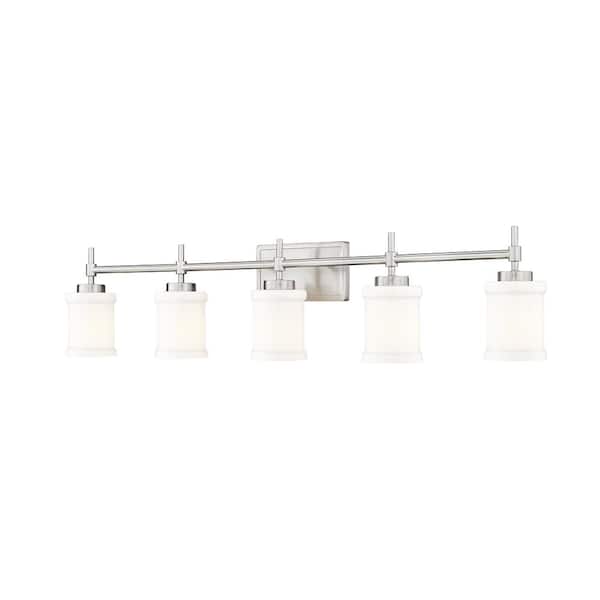 Unbranded Cadoc 40.5 in. 5-Light Brushed Nickel Vanity-Light with Gloss Opal Glass Shade