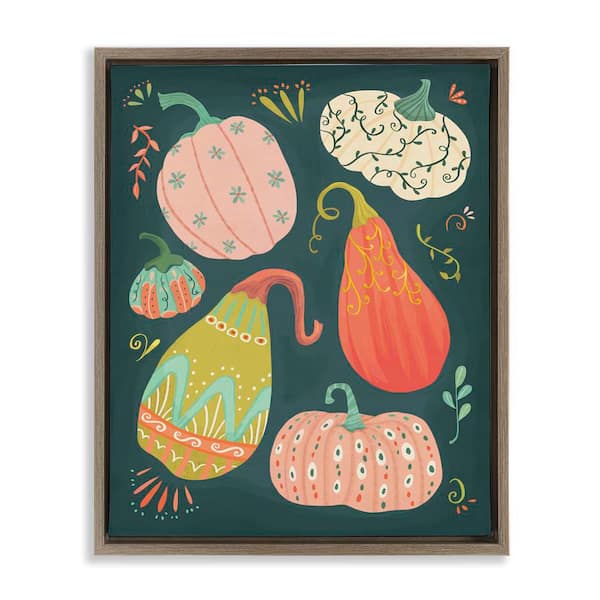Stupell Industries Patterned Autumn Gourds by Laura Watson Brown Floater Frame Food Graphic Art Print 21 in. x 17 in.