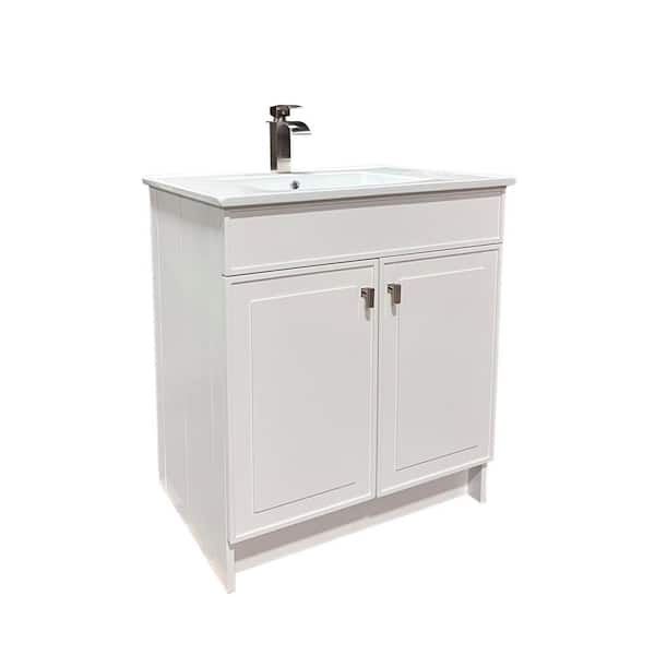 Bellaterra Home 31 in. W x 22 in. D x 35.5 in. H Single SmartFold Bath Vanity in White with White Ceramic Sink Top