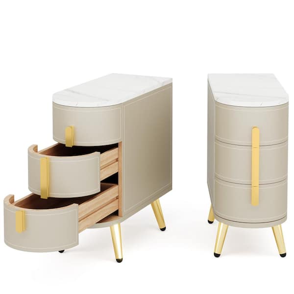 BYBLIGHT Kerlin 11.81 in. Ivory and Gold U-Shaped MDF End Table with Saddle Leather Finish and 3-Drawer for Home Office, 2-Piece
