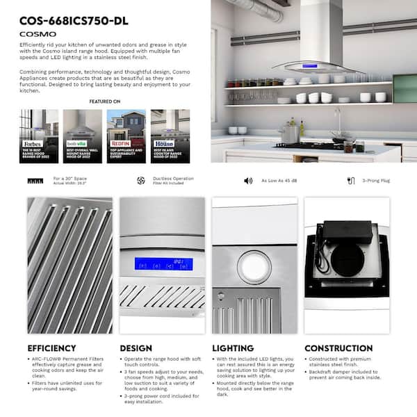 Cosmo 30 in. Lumin Collection 380 CFM Ductless Island Range Hood Cosmo 30 in. Lumin Collection 380 CFM Ductless Island Range Hood