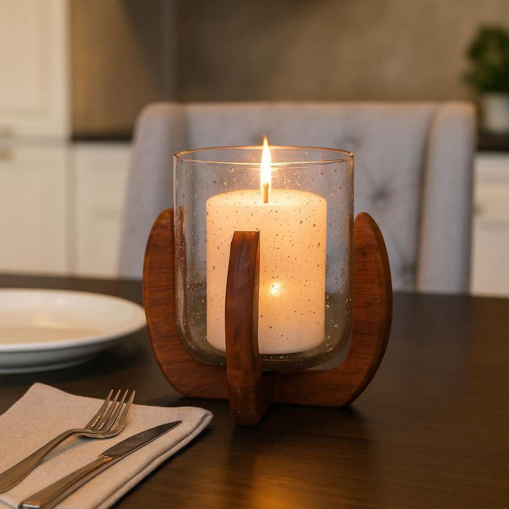 Liv & Skye Brown 7 in. Wood Glam Hurricane Candle Holder with Base
