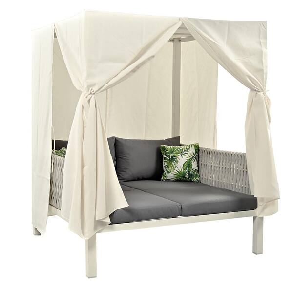 Unbranded Modern Sunbed Gray Wicker Woven Rope Outdoor Day Bed Lounge with Gray Cushions and Curtains
