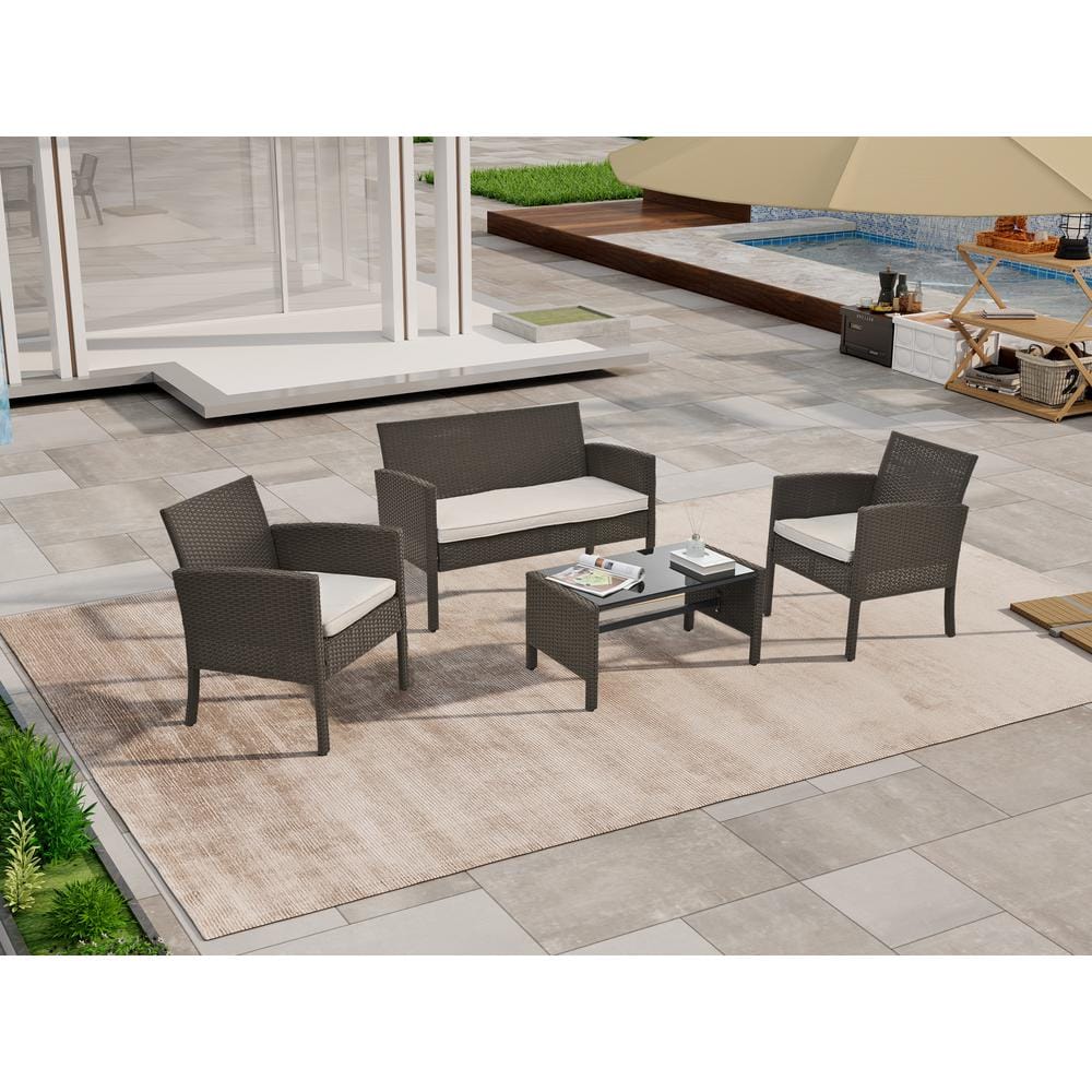 4-Piece Patio Brown Wicker Rattan Outdoor Conversation Dining Sofa Furnitur