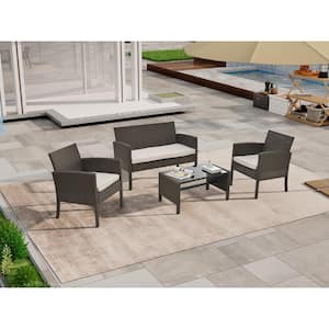 4-Piece Patio Brown Wicker Rattan Outdoor Conversation Dining Sofa Furniture Set with Gray Cushions