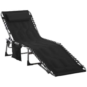 Metal 6-Level Folding Outdoor Chaise Lounge Chair with Black Cushion, Reclining Camping Tanning Chair with Headrest