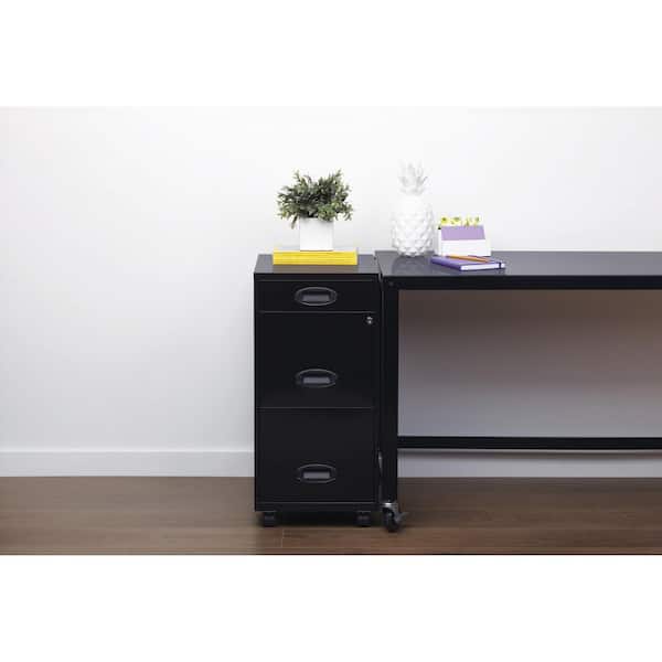18 in. D 3-Drawer Black Metal Letter Width 14.25 in. W Mobile Vertical File Cabinet File-File-Pencil, Oval Handle