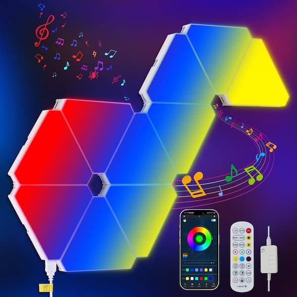 5 in. 2-Pack Smart RGB Hexagon Light Panels, DIY Modular LED Wall Gaming Lights with Music Sync and App Control