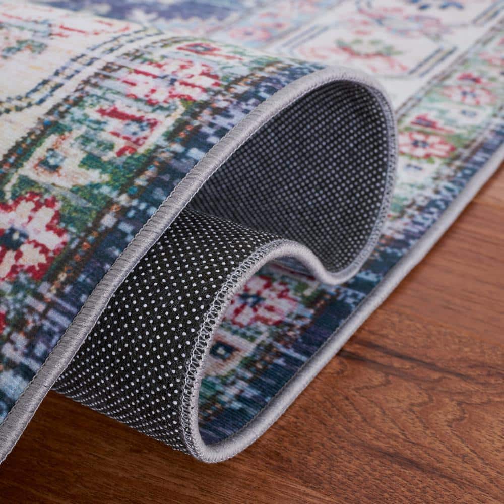 Navy and Beige 6' Square Washable Synthetic Area Rug