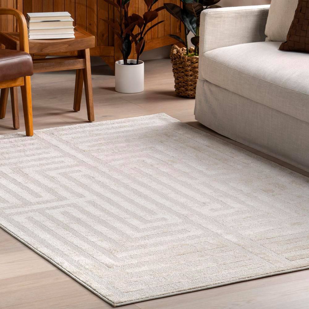 Ivory Geometric Washable Synthetic 4' x 6' Area Rug