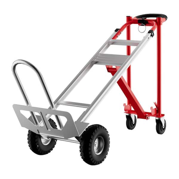 3 in 1 800 lb. Red and Silver Folding D-Handle Heavy Duty Convertible Hand Truck with Wheels, Elastic Straps