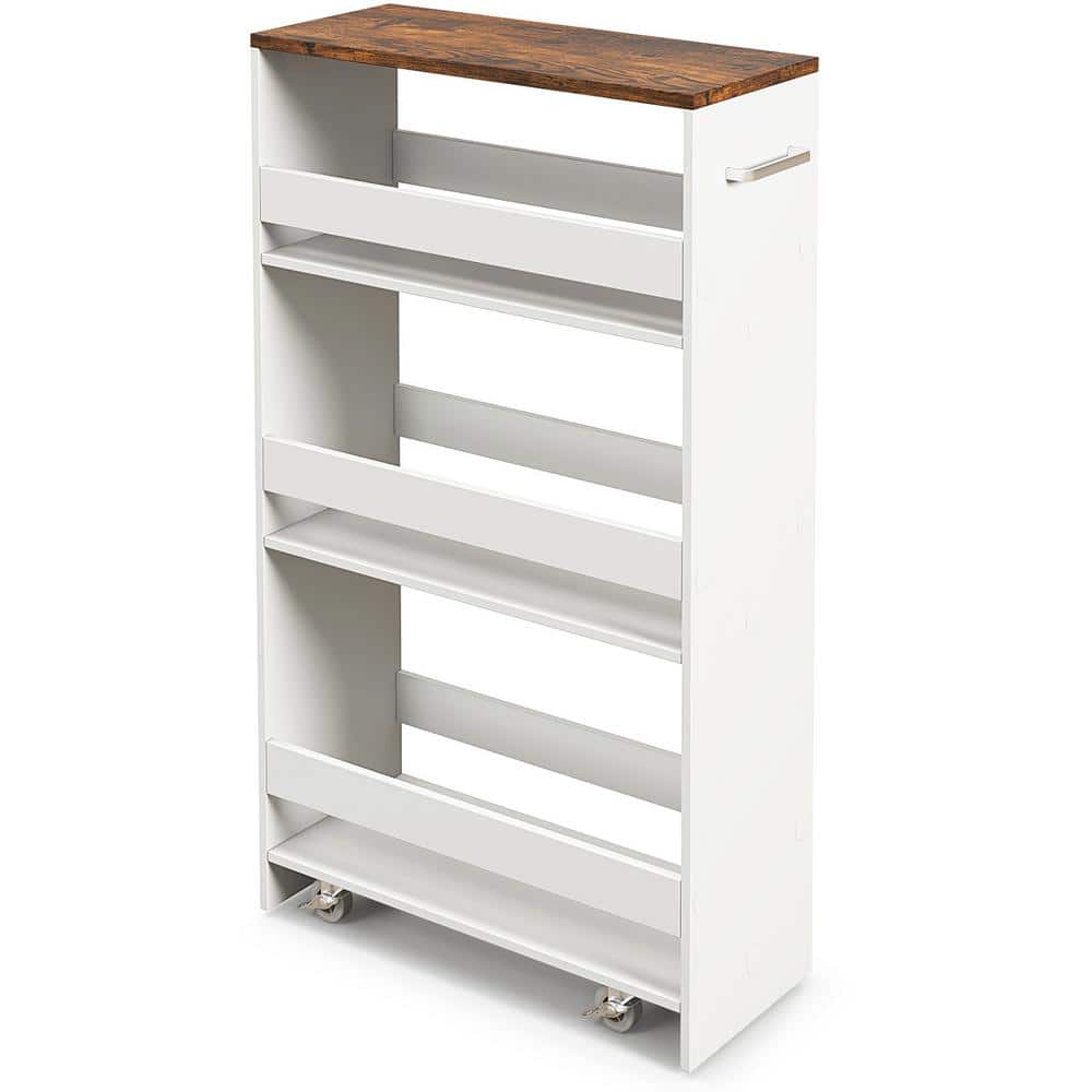 4-Tier White Rolling Natural Wood Kitchen Cart on Wheels with Open Shelves 