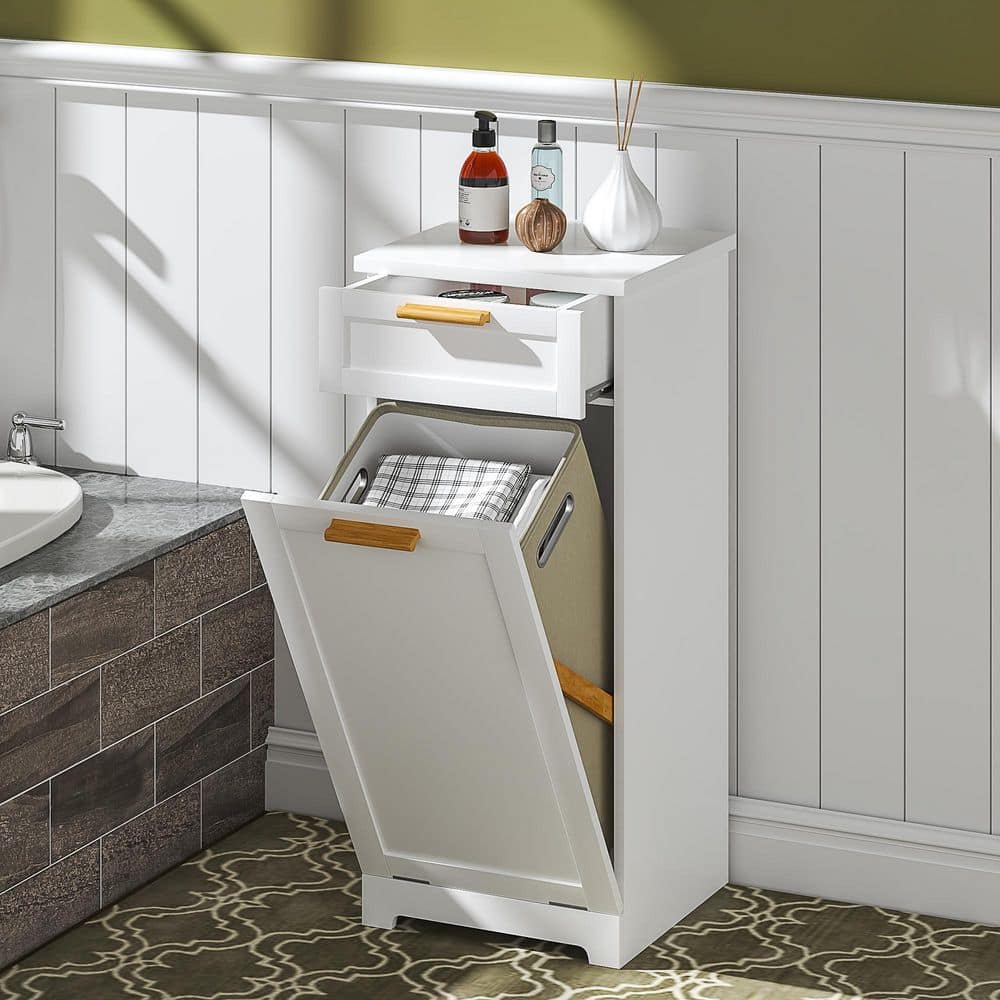 Hidden Trash Can Storage, Kitchen Trash Bin Cabinet with Bonus Collapsible Bin, MDF Buffet Silm Sideboard, White Style 2