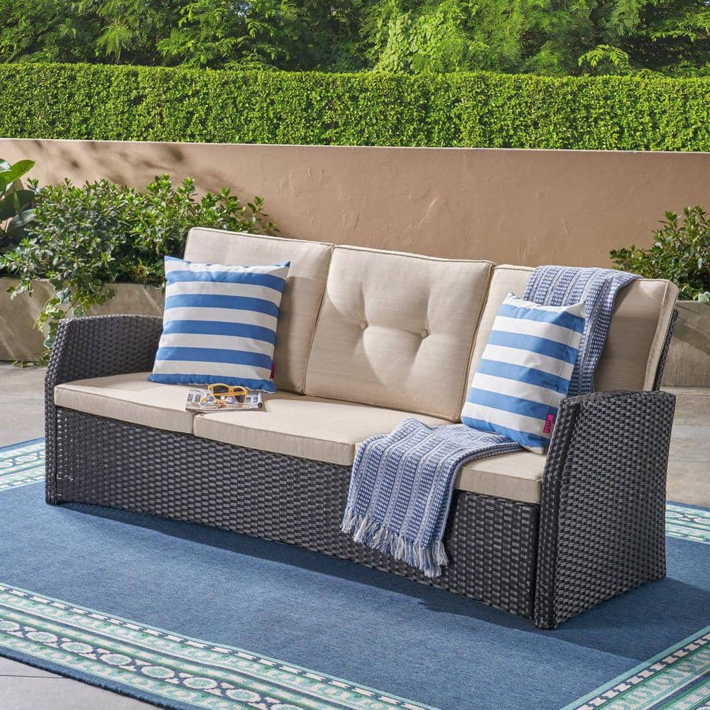 Noble House Rattler Teak and Mixed Brown Wood and Wicker Outdoor Couch with  Beige Cushions 109280 - The Home Depot