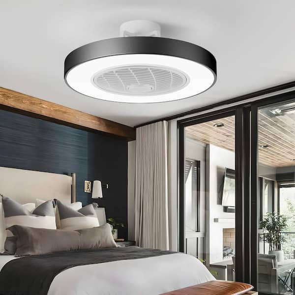 21 in. Integrated LED Indoor Modern Black Round Style Enclosed Flush Mount Ceiling Fan Light with Remote Control