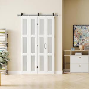 48 in. x 84 in. 3-Lite Frosted Glass Panels MDF White Accordion Style Multi-Fold Sliding Barn Door with Hardware Kit Set