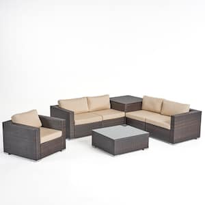 Santa Rosa Multi-Brown 7-Piece Plastic Patio Conversation Sectional Seating Set with Sunbrella Antique Beige Cushions