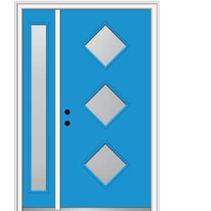 53 in. x 81.75 in. Frosted Right-Hand 3-Lite Diamond Modern Painted Fiberglass Smooth Prehung Front Door w/ Sidelites