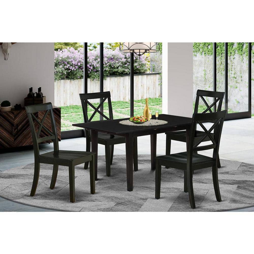 5-Piece Black Finish Solid Wood Top - Rectangular Dining Room Set with Butterfly Leaf - Seats 4