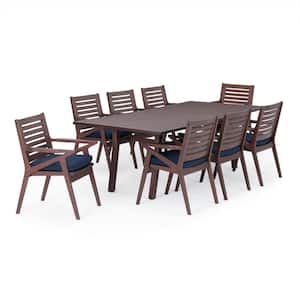 Vaughn Wood Outdoor 9-Piece Dining Set with Navy Blue Cushions