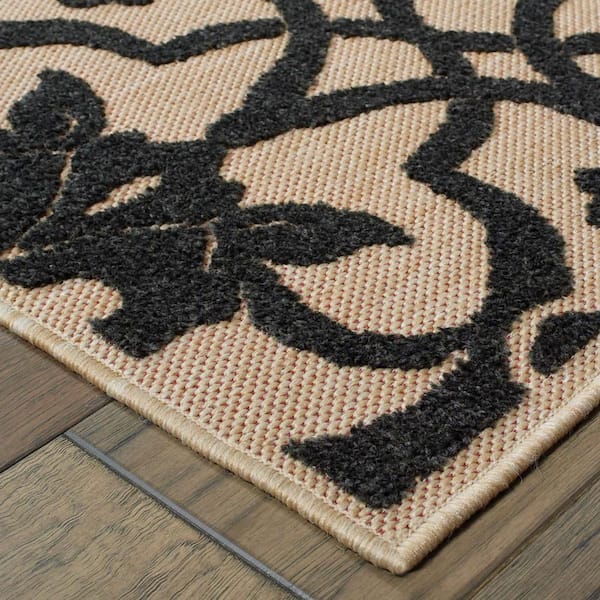 Beige, Black 2 ft. x 8 ft. Loomed Oriental Polypropylene Rectangle Indoor/Outdoor Area Rug