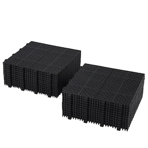 12 in. x 12 in. Black Plastic Interlocking Deck Tiles Rosette Pattern Waterproof Anti-Slip (Pack of 24)