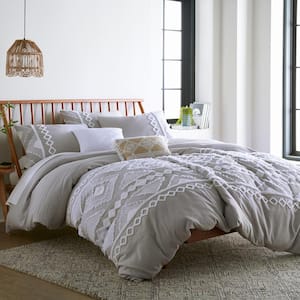 Harleson 3-Piece Grey, White Geometric Tufted Chenille and Frayed Cotton Full/Queen Comforter Set