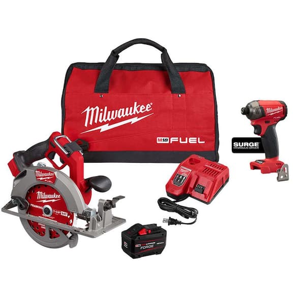 M18 FUEL 18V Lith-Ion Cordless 7-1/4 in. Circular Saw Kit w/ One FORGE 12. 0Ah Battery, Charger, & SURGE Impact Driver