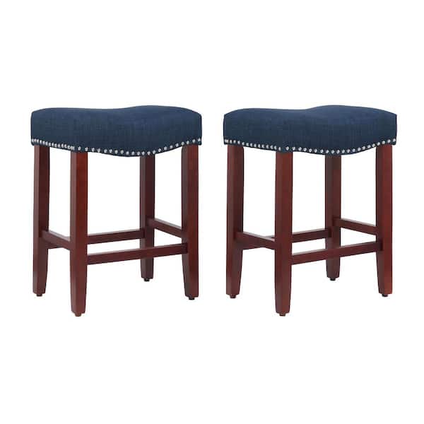 WESTINFURNITURE Jameson 24 in. Counter Height Cherry Wood Backless Barstool with Upholstered Navy Blue Linen Saddle Seat (Set of 2)