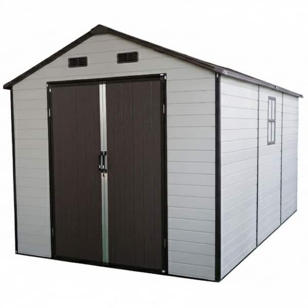 Yuki 8 ft. x 13 ft. Brown + White Resin Outdoor Storage Shed with Floor, Windows, Vents, Aluminum Frame (98.83 sq. ft.)