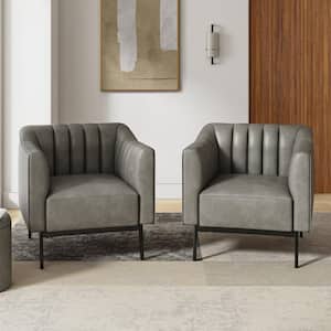 Curtis Grey Industrial Leather 30 in. Wide Chair with Channel Tufting and Metal Leg (Set of 2)