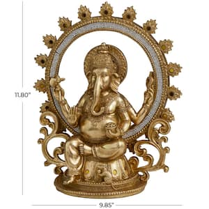 Gold Resin Intricately Carved Ganesh Sculpture with Rhinestone Detail