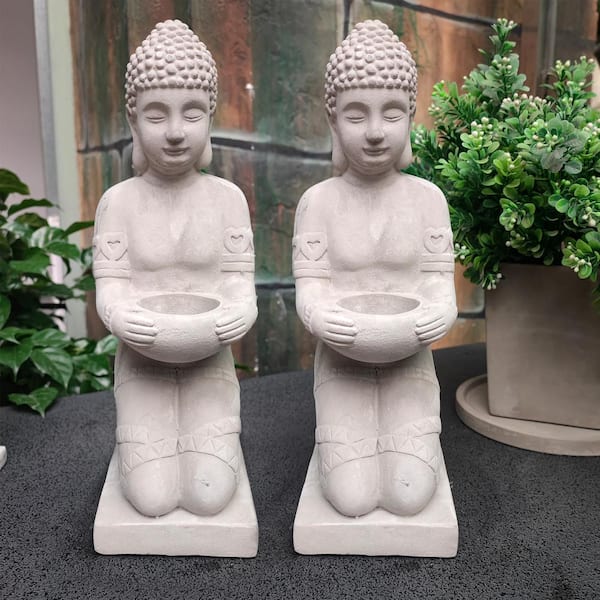 12.8 in. H Gray Cement Buddha Garden Statue Tealight Candle Holder Ornament (2-Pack)