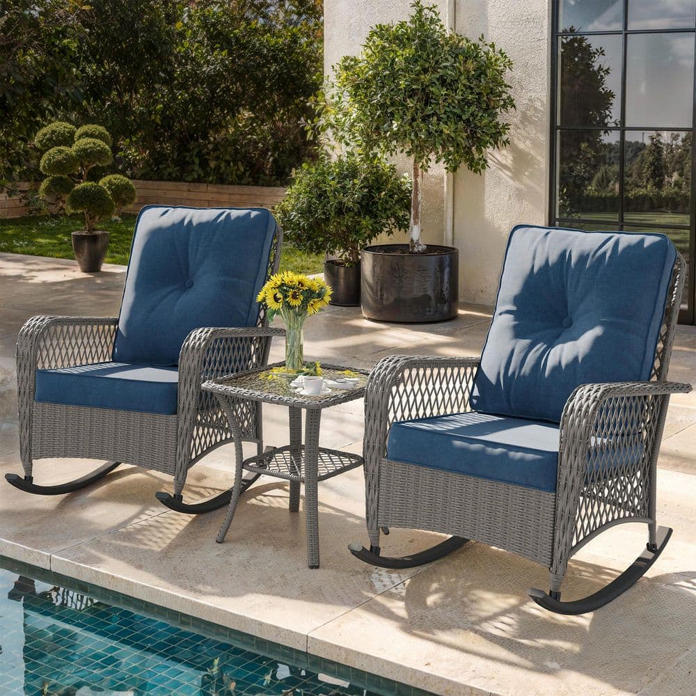 3-Piece Gray Wicker Outdoor Rocking Chair with Blue Cushion price history on PriceWatchPro