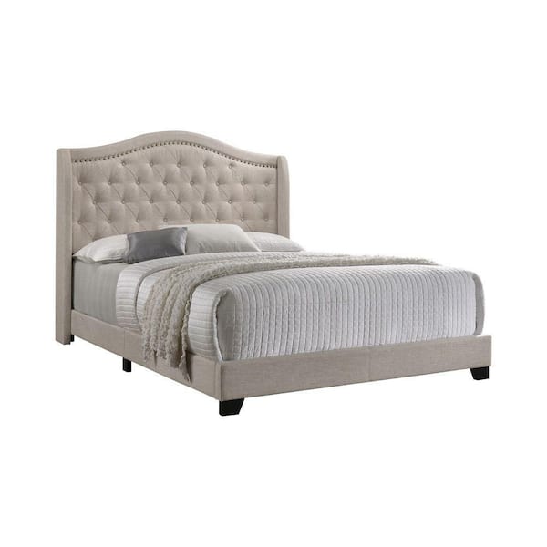 Benjara Beige Fabric Upholstered Wooden Framed Button Tufted Queen Size Platform Bed with Camel Back