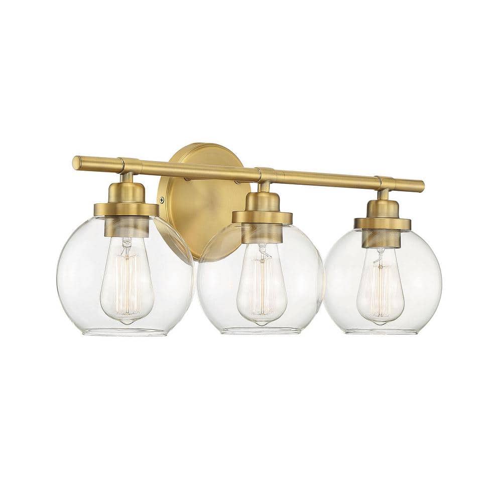 Mid-Century Modern Warm Brass 3-Light Vanity Bar with Clear Glass Shades