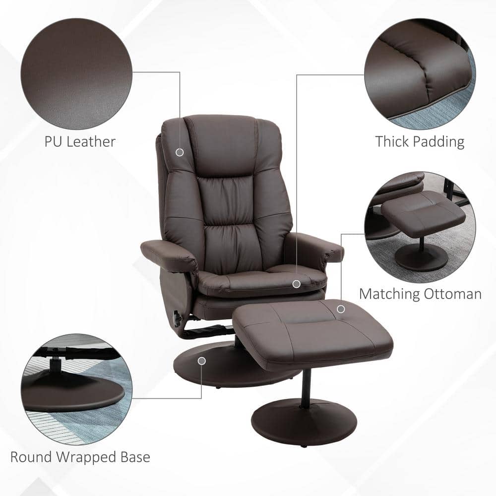 Swivel Brown Faux Leather Recliner with Ottoman and Metal Base