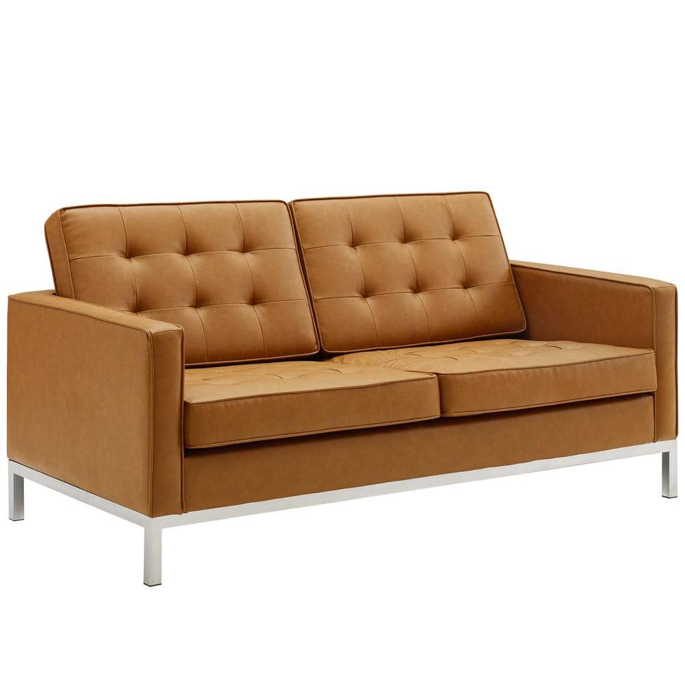 Silver Tan Tufted Faux Leather Loveseat with Metal Legs