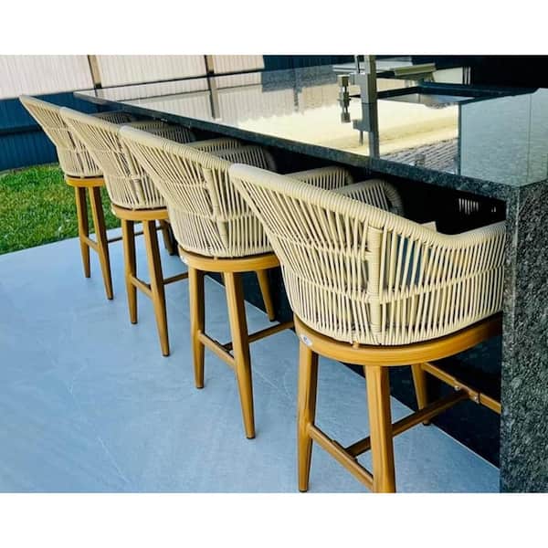 Modern Aluminum Rattan Counter Height Outdoor Bar Stool with Back and Beige Cushion (4-Pack)