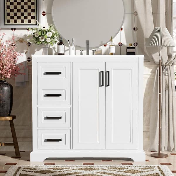 36 in. Single Sink Freestanding White Bath Vanity with White Ceramic Top and 3 Drawer Storage Cabinet Unassembled