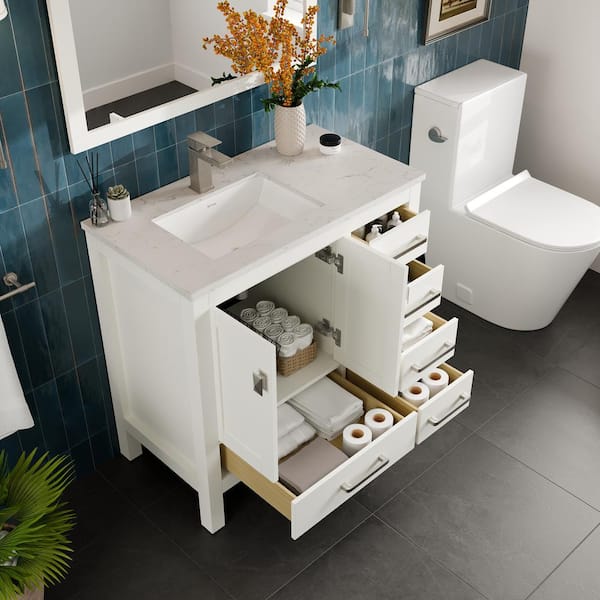 Eviva London 38 in. W x 18 in. D x 34 in. H Bathroom Vanity in White with White Carrara Marble Top with White Sink