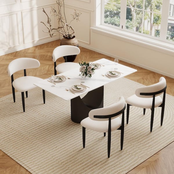 63 in. White Sintered Stone Tabletop with Pedestal Dining Table with Black Base (Seats 6)
