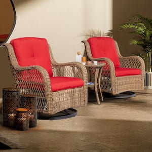 3-Piece Wicker Outdoor Swivel Rocking Chair Set with Red Cushions Patio Conversation Set (2-Chair)