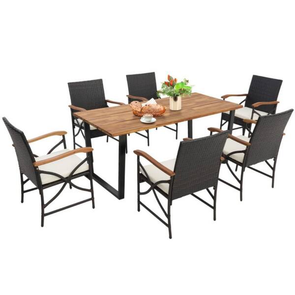 7-Piece Rattan Wicker X-side Handrail Outdoor Dining Set with Umbrella Hole, Acacia Wood Tabletop and Cushions