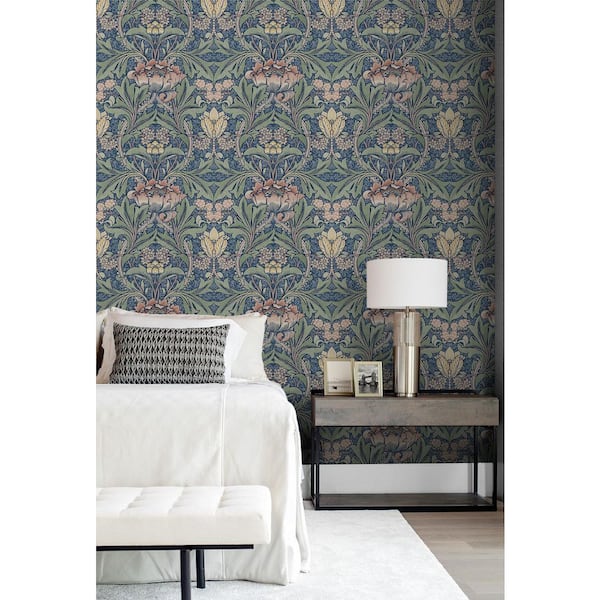 Denim Blue and Salmon Acanthus Floral Prepasted Wallpaper Roll 56 sq. ft.
