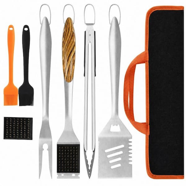 8-Piece BBQ Grill Tools Set w/ Extra Thick Stainless Steel Spatula, Fork, Tongs, Cleaning Brush and Portable Bag, Orange
