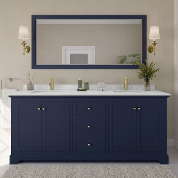 Avery 80in.Wx22 in.D Double Vanity in Dark Blue with Cultured Marble Vanity Top in Light-Vein Carrara with White Basins