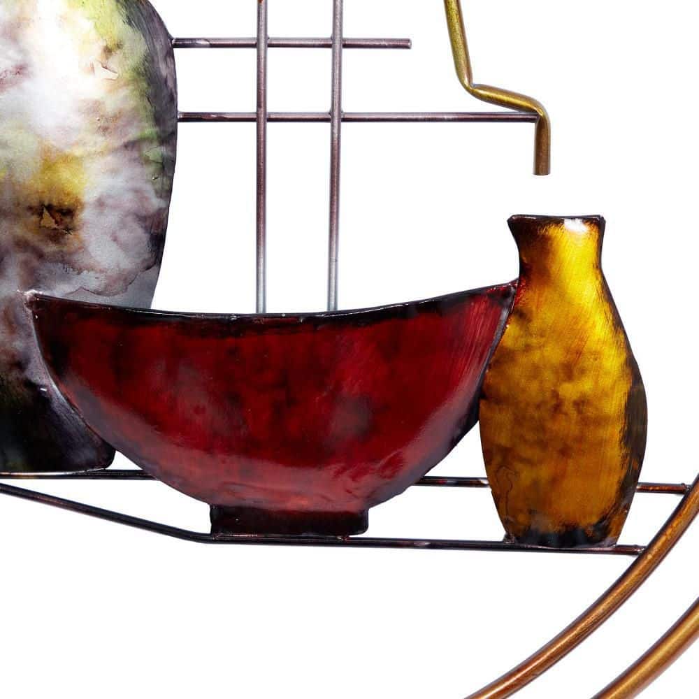 Industrial Multicolor Metal Wall Sculpture with Vase Details