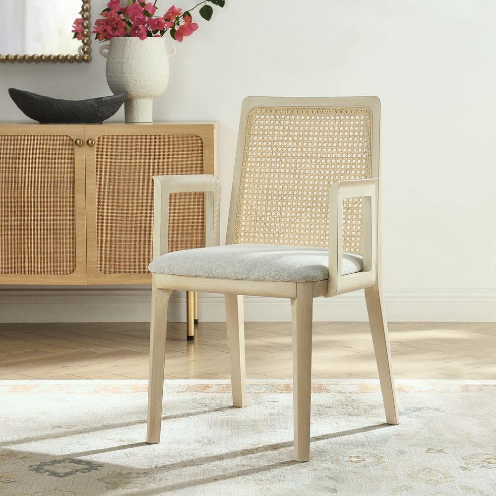 Antique White Rattan and Cane Arm Chair with Padded Seat